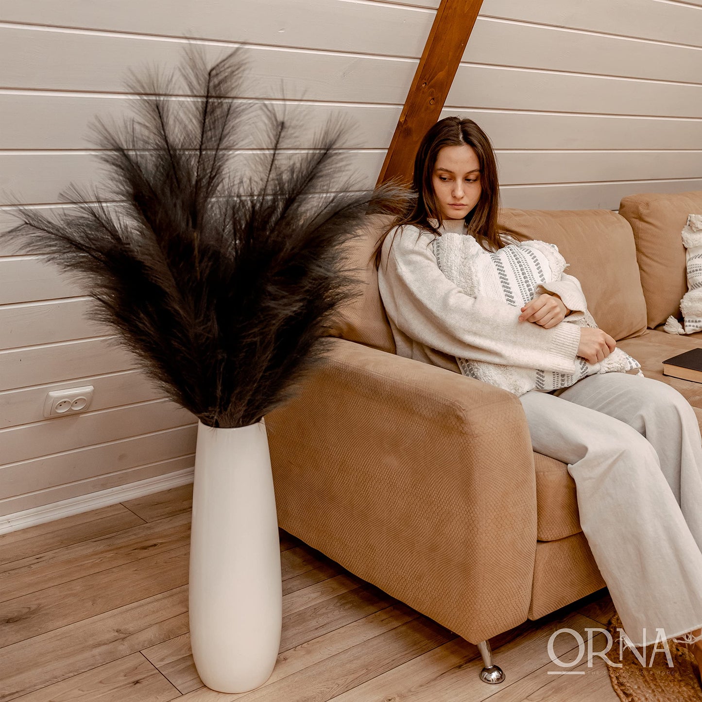 ORNA Artificial Pampas Grass Artificial Flower Long Branches Extra Fluffy 114 cm High (3 Stems x 20 Forks) for Modern Home Decoration