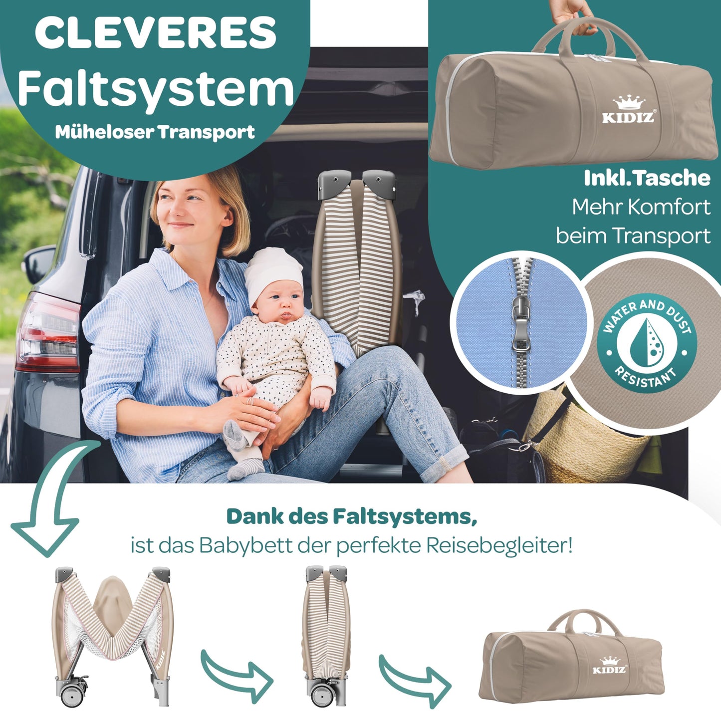 Kidiz Baby Cot, Travel Cot, Foldable with Mattress and Wheels, 120 x 60 cm, Side Entrance