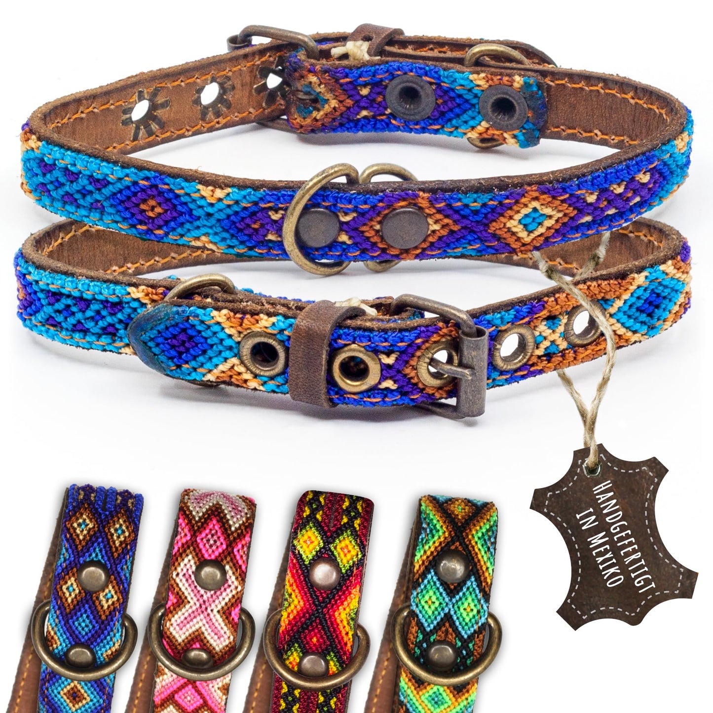 Hundehalsband Leder - braunes Rindsleder Tribal Grün/Braun/Beiges
