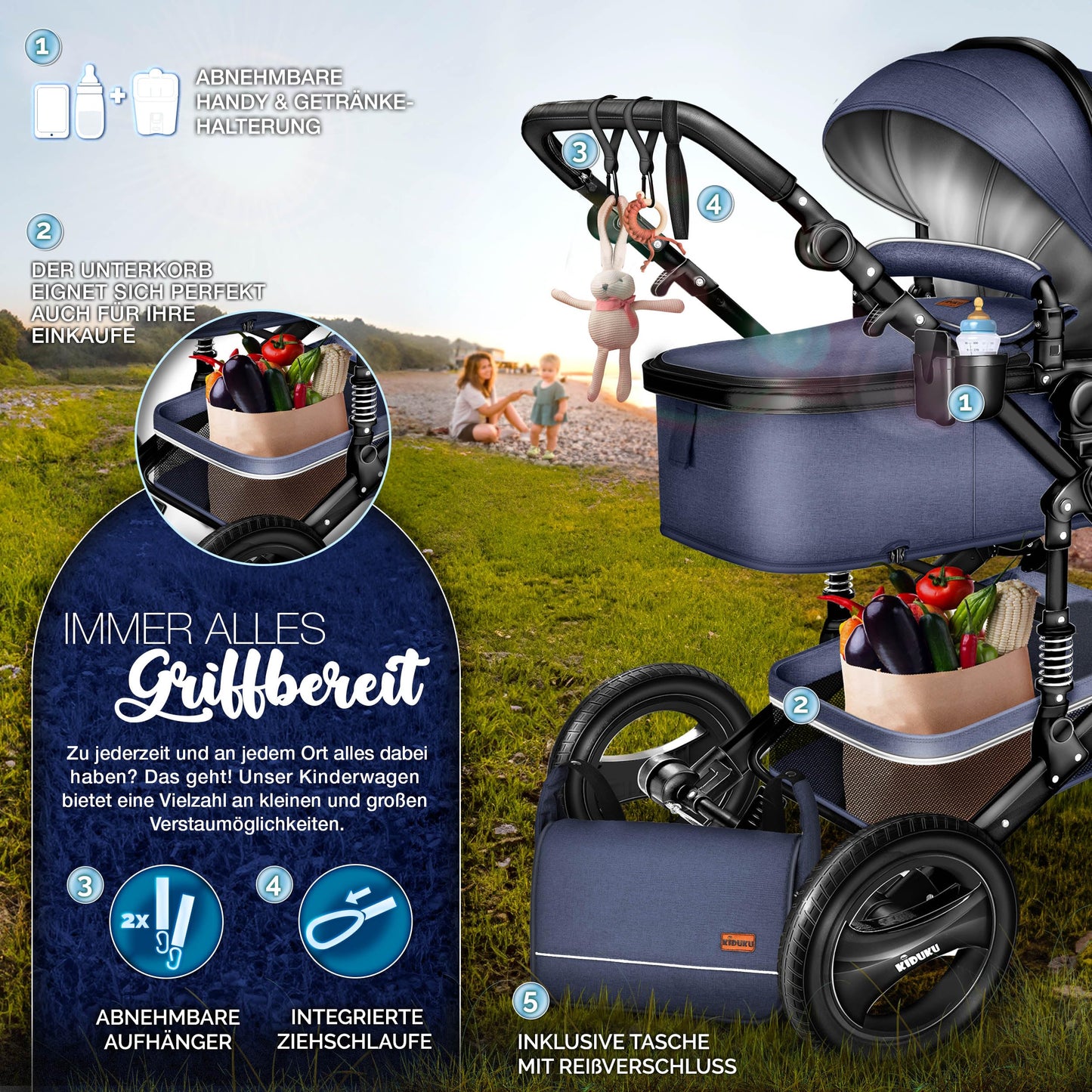3-in-1 XXL Complete Pram Set incl. Baby Carrycot, Buggy, Sports Seat & Car Seat