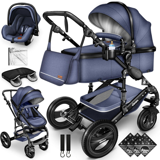 3-in-1 XXL Complete Pram Set incl. Baby Carrycot, Buggy, Sports Seat & Car Seat