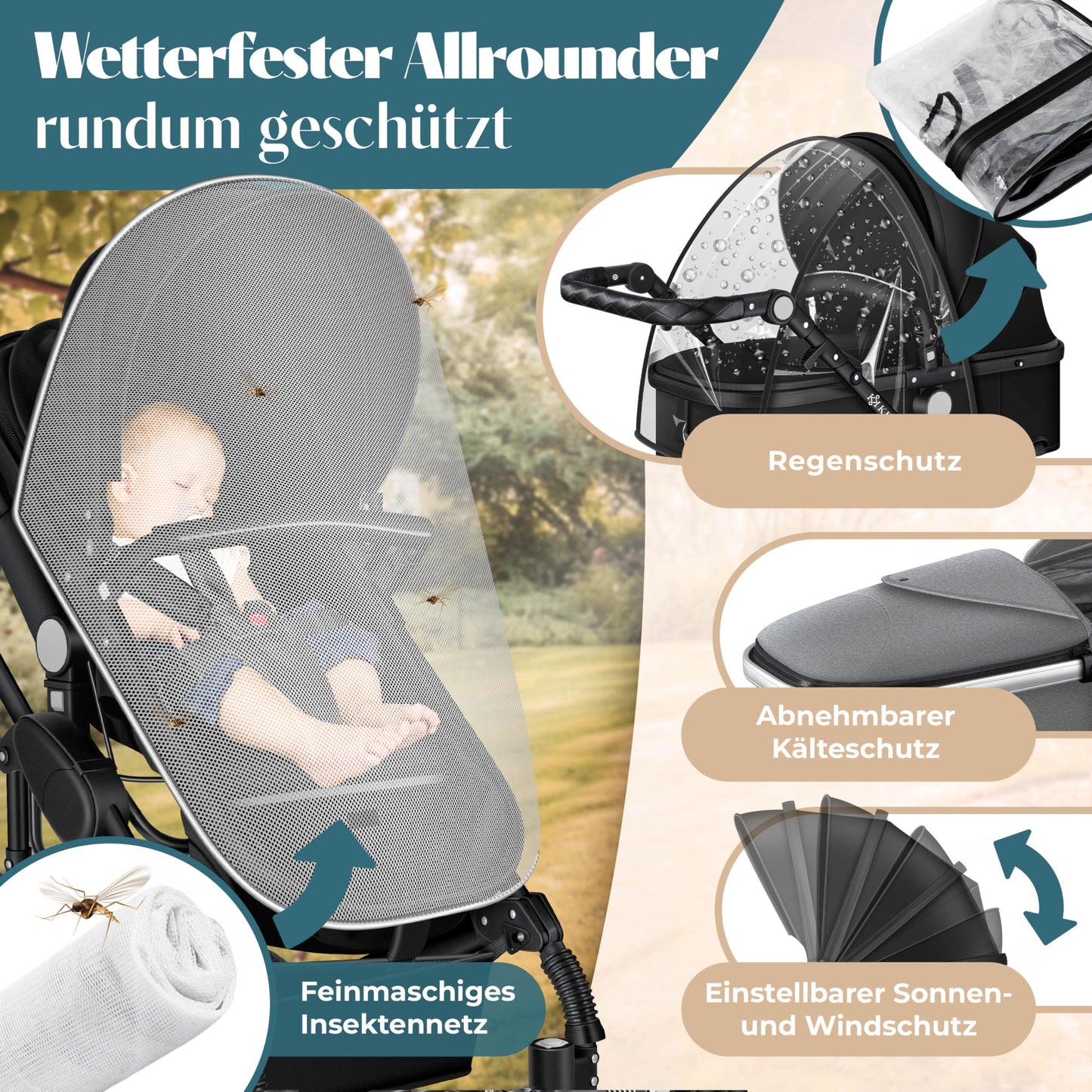 Kesser® Loops 3-in-1 Combination Pram, Complete Set Including Baby Tub & Buggy Sports Seat & Baby Car Seat, Full Rubber Tyres