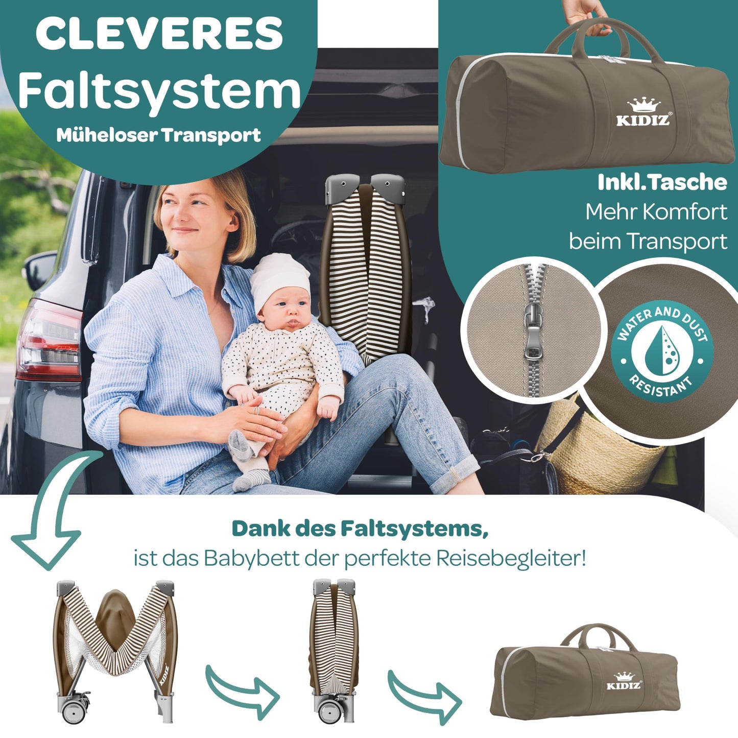 Kidiz Baby Cot, Travel Cot, Foldable with Mattress and Wheels, 120 x 60 cm, Side Entrance