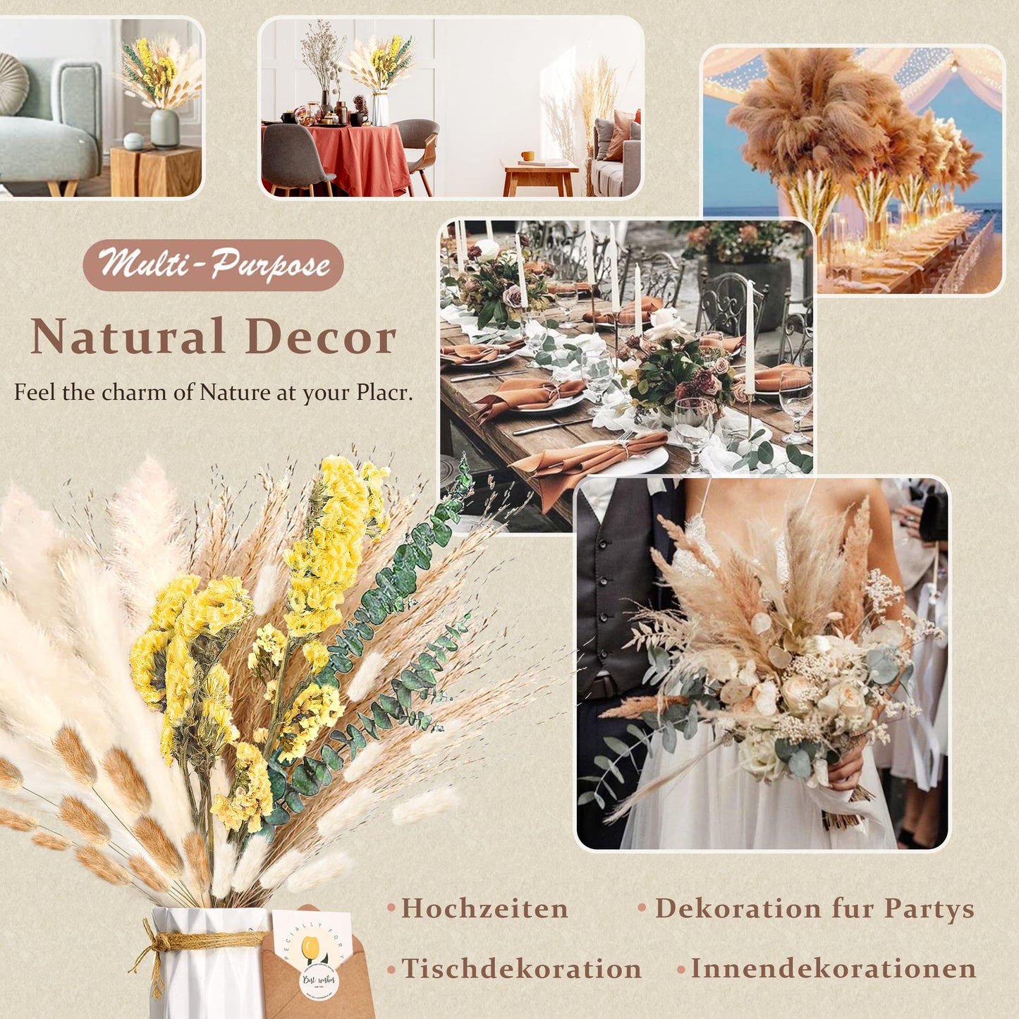 Pampasgras Getrocknet - Natürliche, Braun, Trockenblumen Strauß Dried Flowers, für Heim Decor